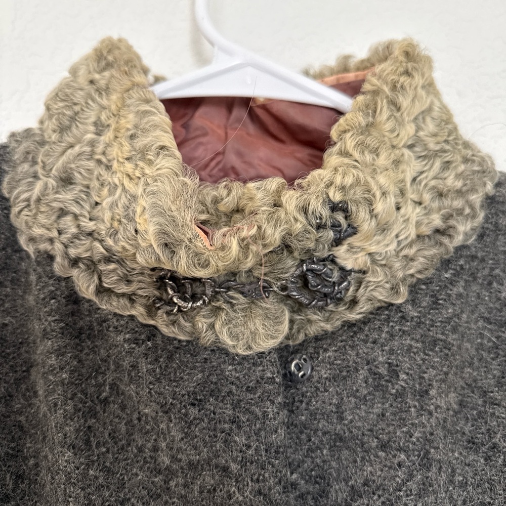 Wool Blend Cape Coat with Faux Shearling Collar - Gray - Picture 2 of 4